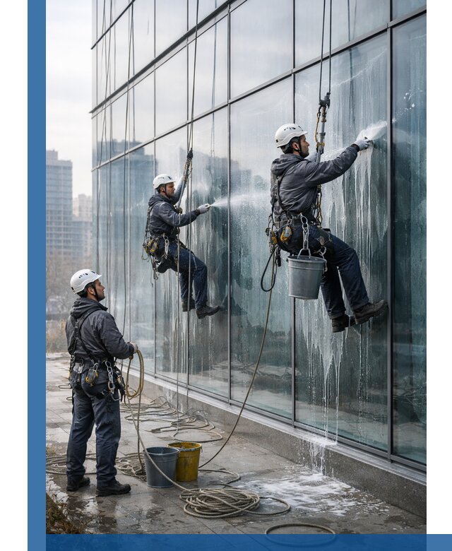 Промышленная мойка панорамных окон на высоте в Соликамске