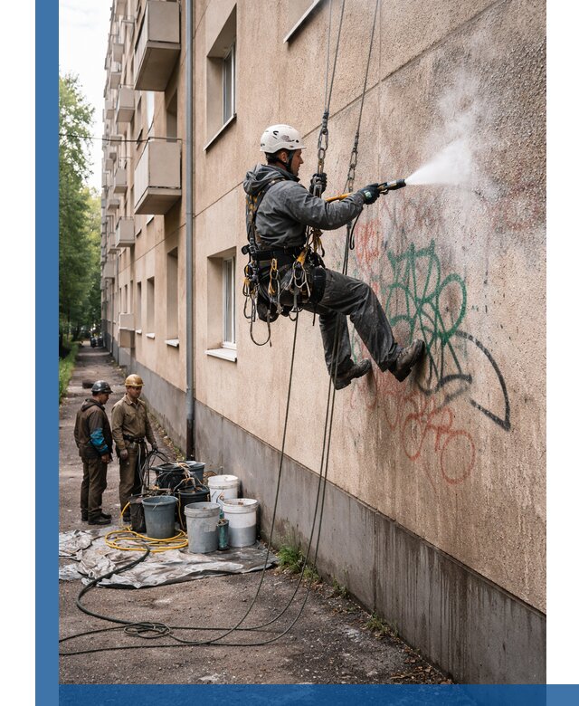 Удаление граффити с фасада в Соликамске без следов и повреждений