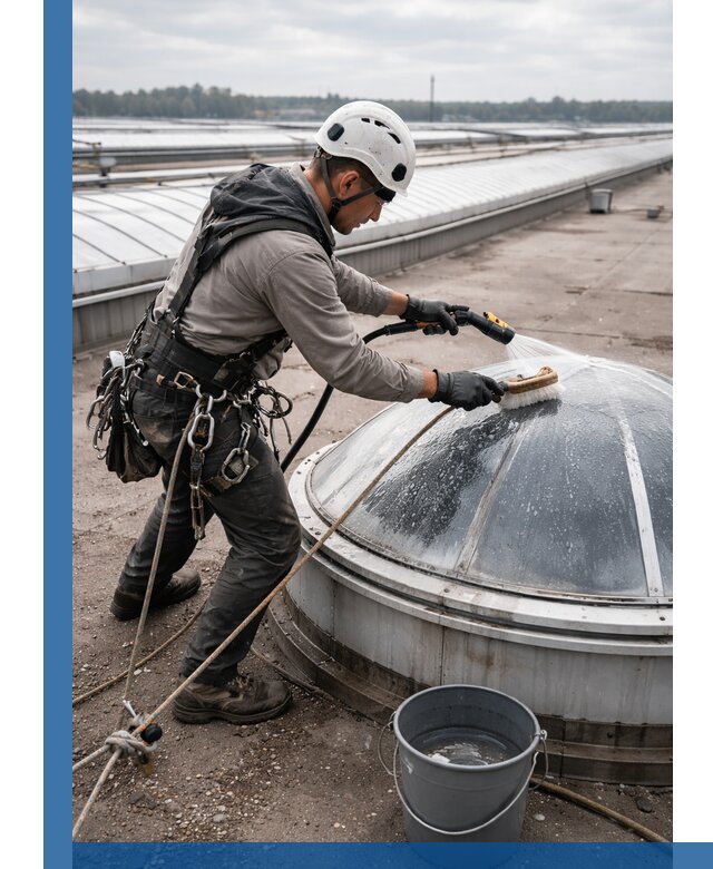 Мойка зенитных фонарей на кровле для промышленных объектов в Соликамске