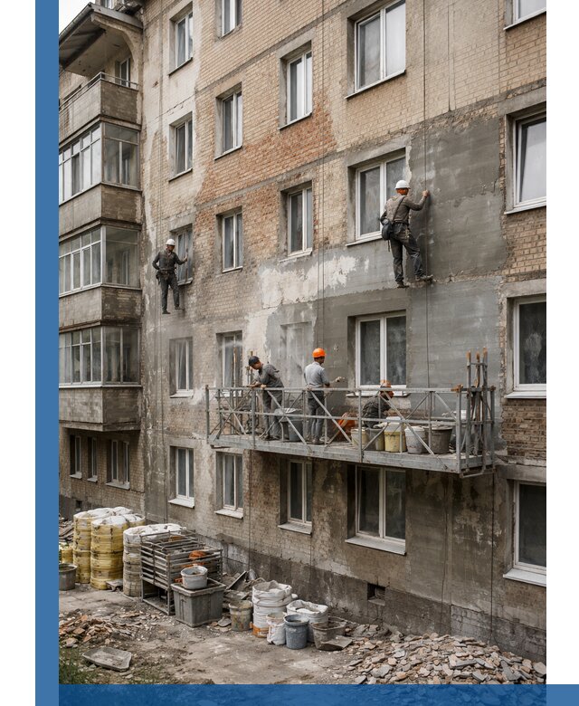 Капитальный ремонт фасада в Соликамске с восстановлением и гидроизоляцией