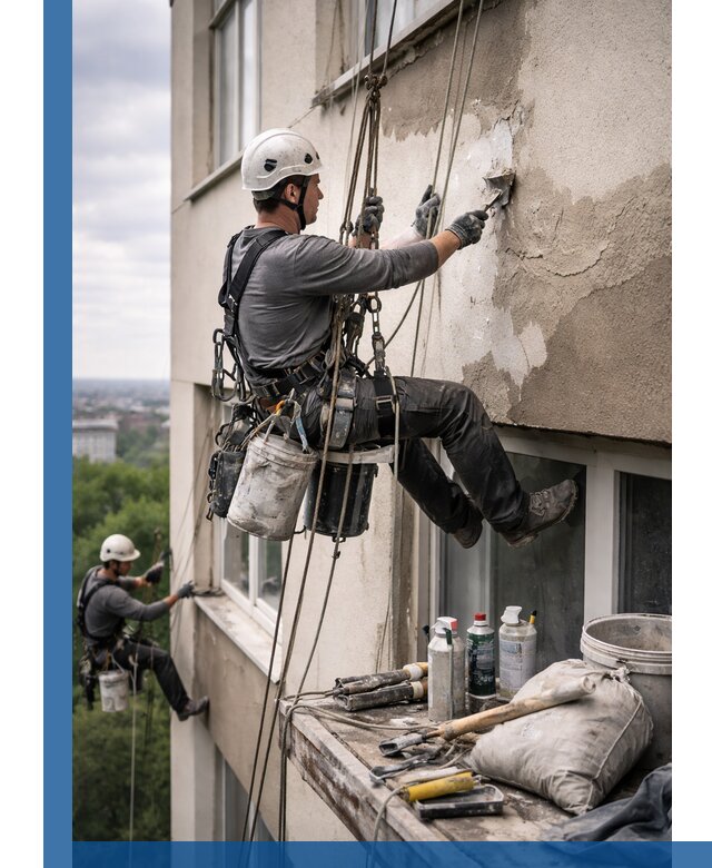 Косметический ремонт фасада зданий в Соликамске промышленными альпинистами