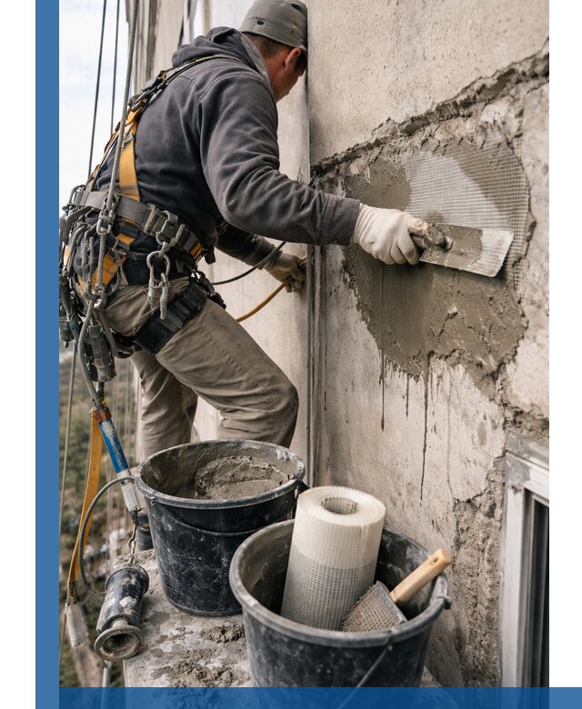 Ремонт бетонных элементов фасада промышленными альпинистами в Соликамске