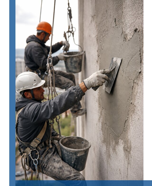 Штукатурка фасада на высоте в Соликамске профессиональные работы