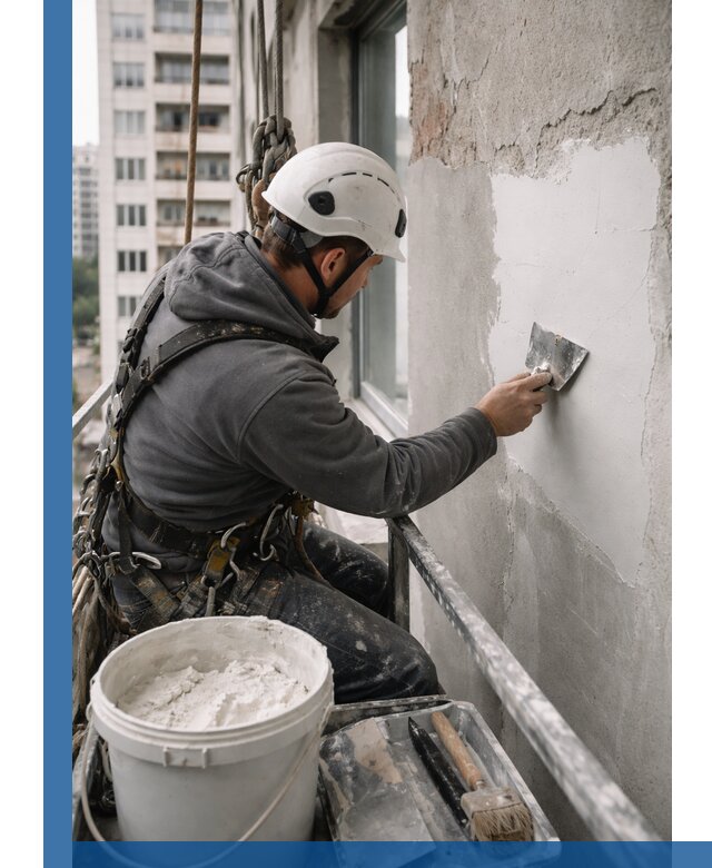 Шпаклевка фасадов на высоте с промальпинистами в Соликамске