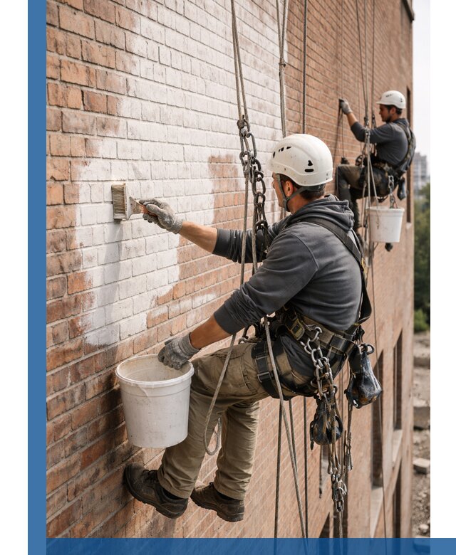 Покраска кирпичного фасада с доступным альпинистским сервисом в Соликамске