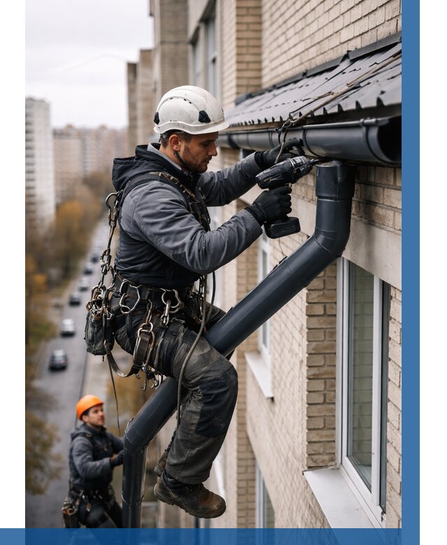 Монтаж водосточной системы на здании в Соликамске от 5153 р. | ВЫСОТНИК-Слк