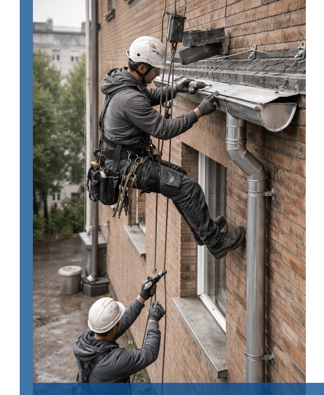 Монтаж водосточной системы на здании в Соликамске под ключ