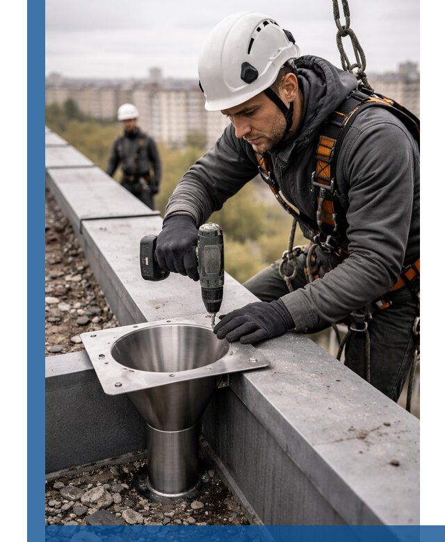 Монтаж водосточных воронок в Соликамске для промышленных зданий