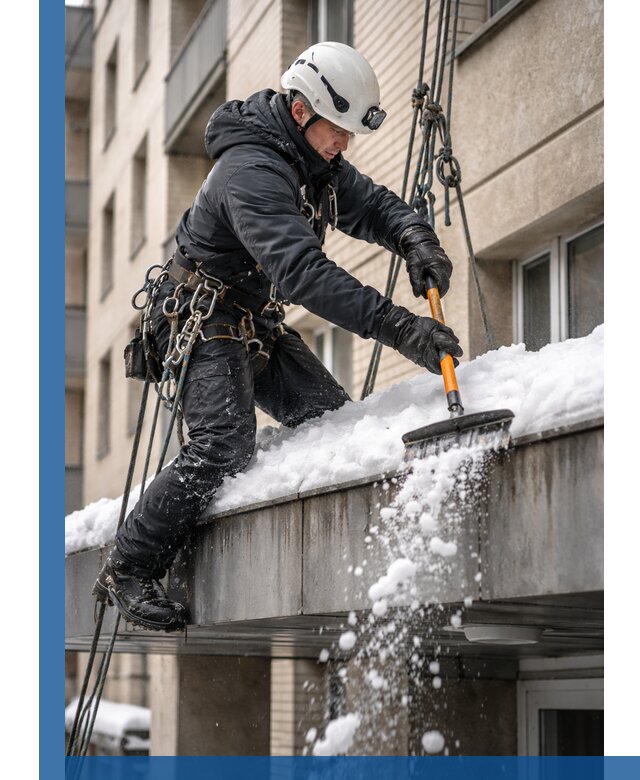 Очистка козырьков от снега в Соликамске круглогодично безопасно