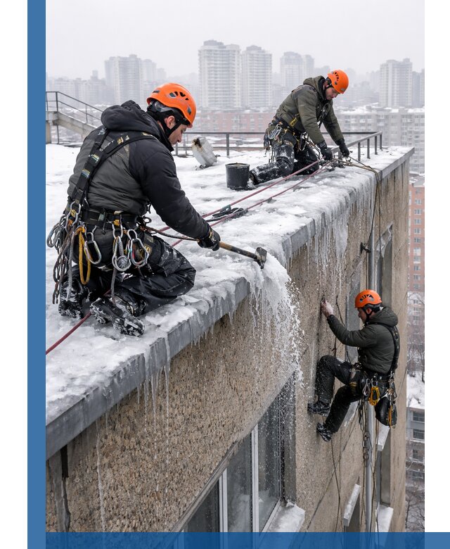 Удаление наледи с кровли в Соликамске промышленными альпинистами