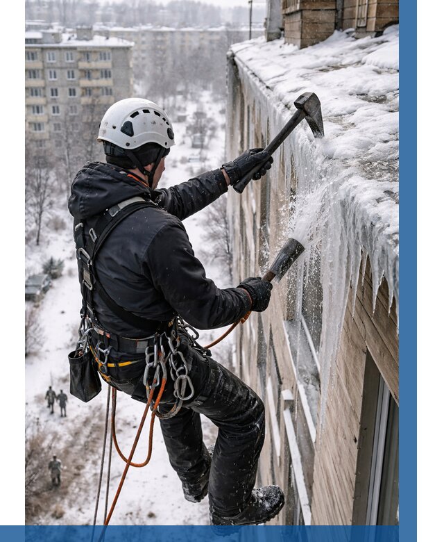 Сбивание сосулек с крыши в Соликамске по цене от 4637 р. | ВЫСОТНИК-Слк