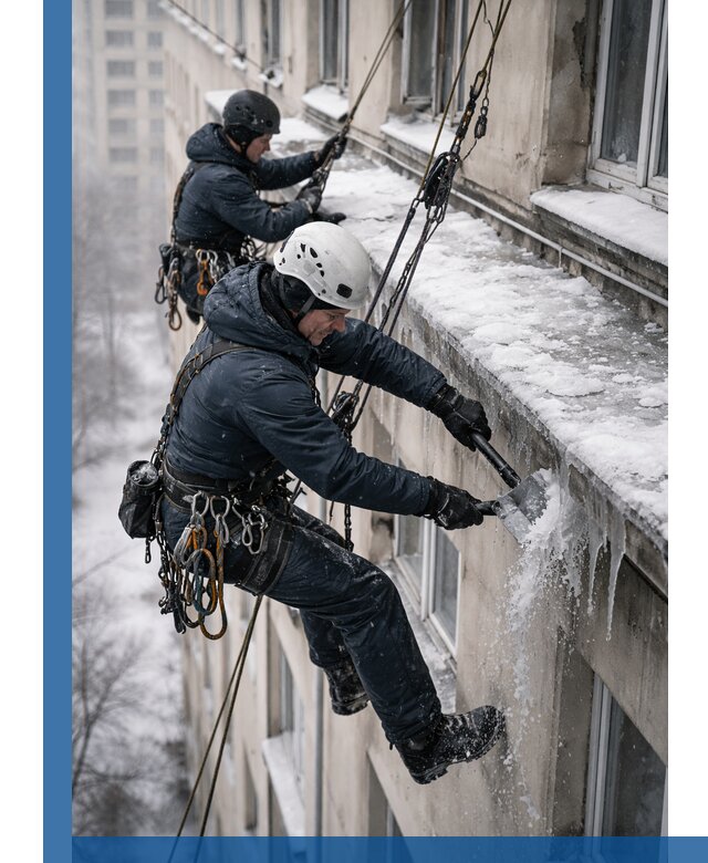 Удаление наледи и сосулек с карнизов в Соликамске профессионально
