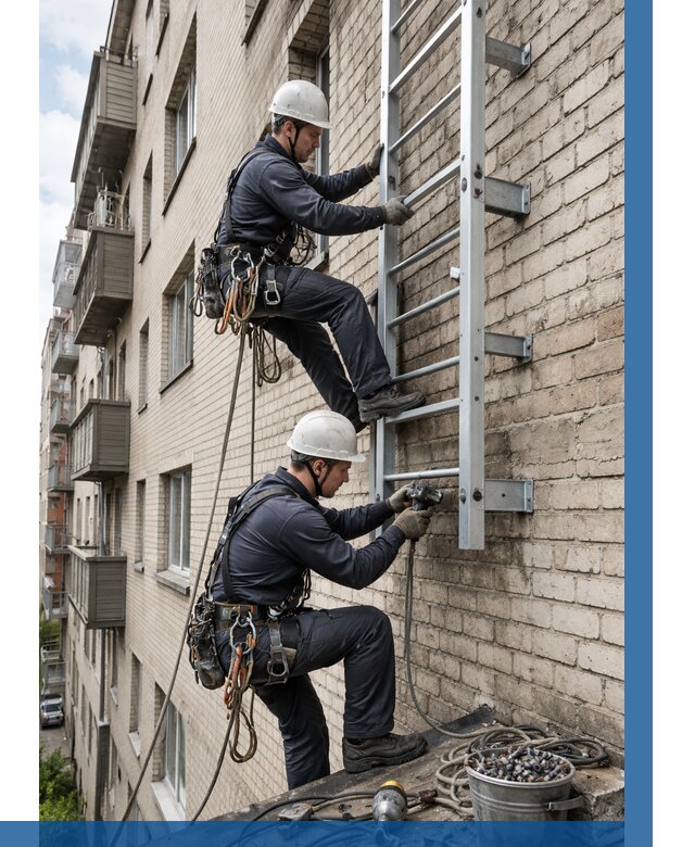Монтаж пожарной лестницы в Соликамске от 25763 р заказать у ВЫСОТНИК-Слк