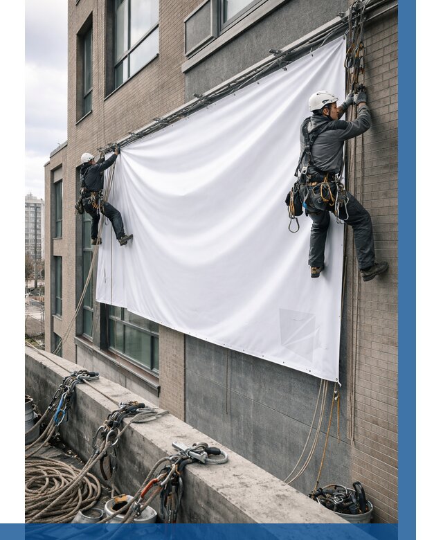 Монтаж баннеров на фасаде в Соликамске от 670 р. заказать ВЫСОТНИК-Слк