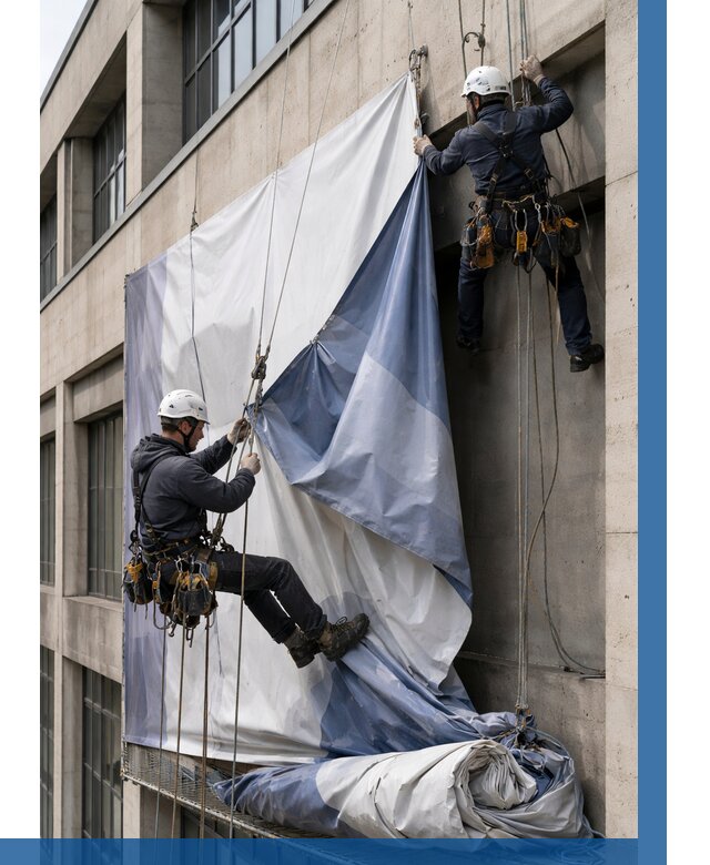 Демонтаж баннеров с фасада в Соликамске от 4637 р. | ВЫСОТНИК-Слк