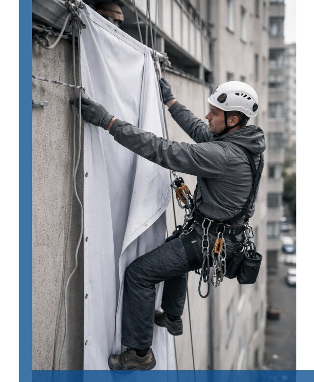 Замена баннерного полотна промышленными альпинистами в Соликамске