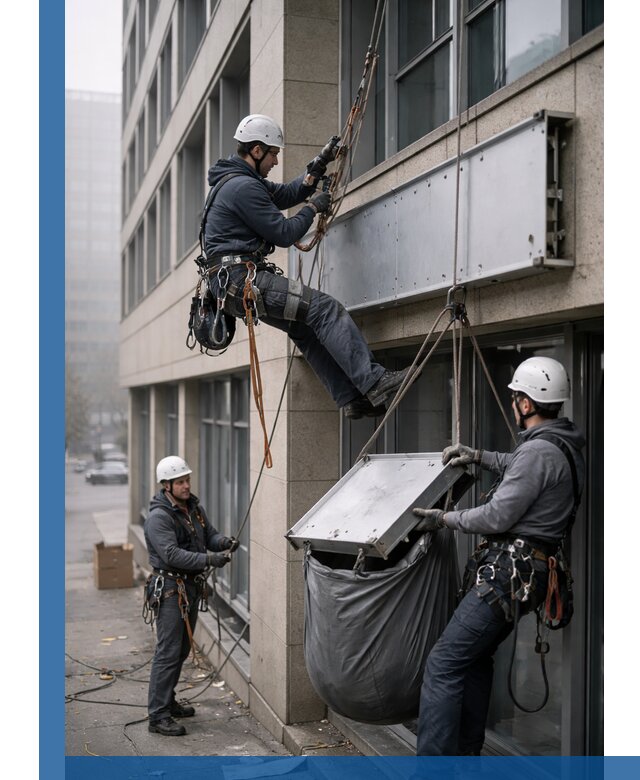 Демонтаж рекламной вывески с высотными работами в Соликамске