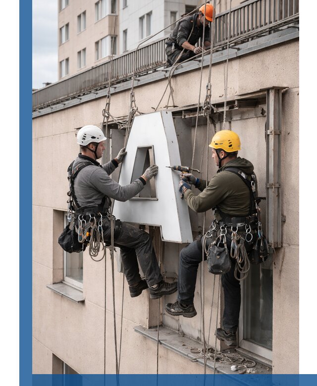 Ремонт и восстановление наружных вывесок на высоте в Соликамске