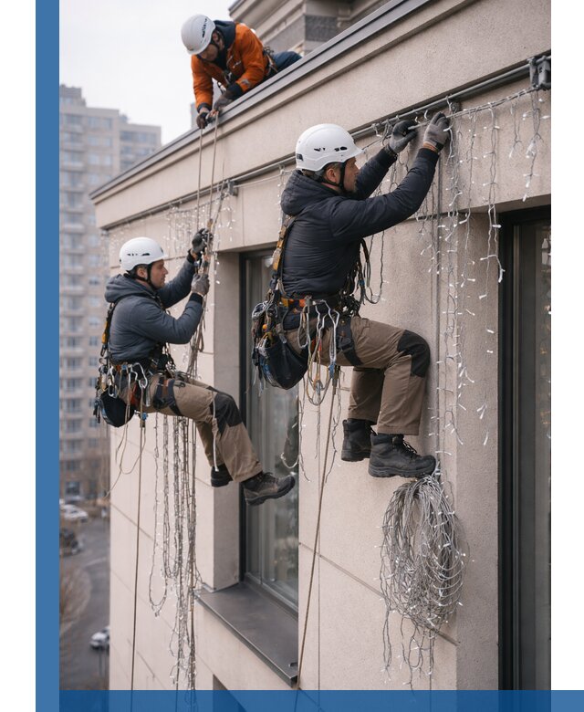 Монтаж праздничных гирлянд на фасаде в Соликамске для зданий