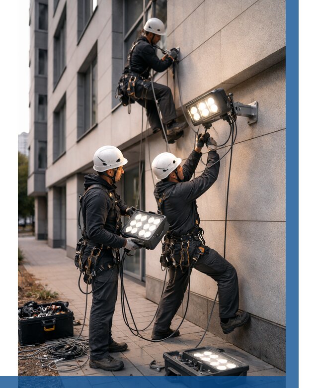 Монтаж прожекторов на фасаде в Соликамске от 7729 р. | ВЫСОТНИК-Слк