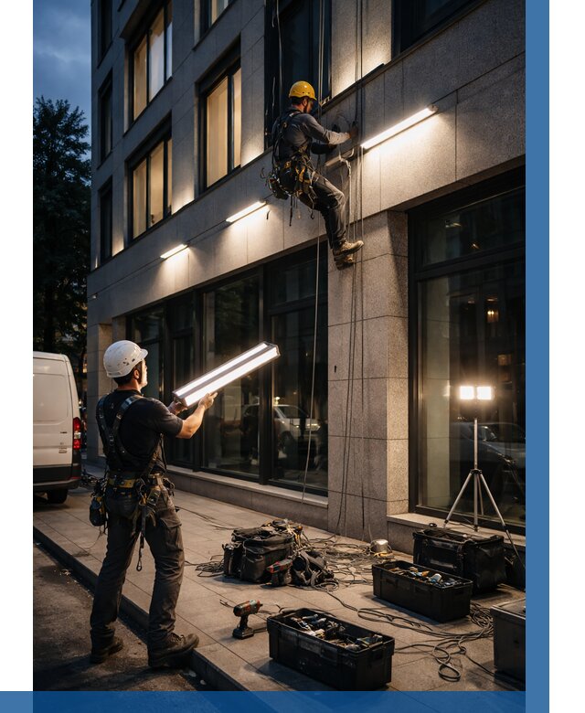 Монтаж архитектурной подсветки здания в Соликамске от 2576 р.|ВЫСОТНИК-Слк