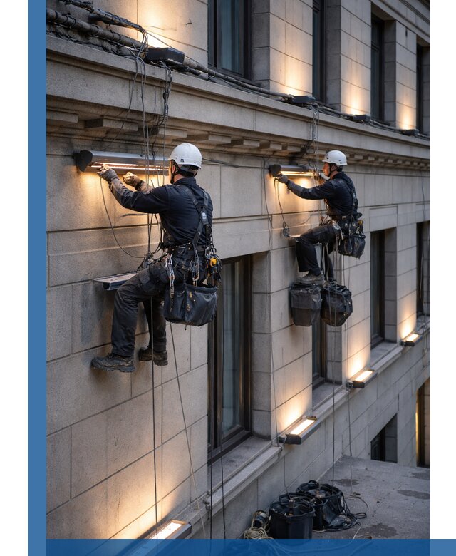 Монтаж архитектурной подсветки фасадов зданий в Соликамске