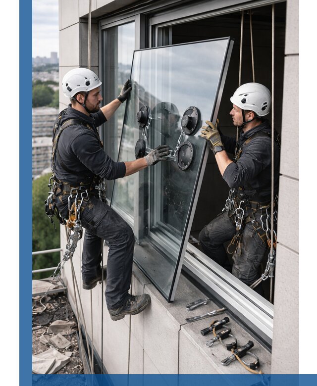 Замена стеклопакетов на высоте с промышленными альпинистами в Соликамске
