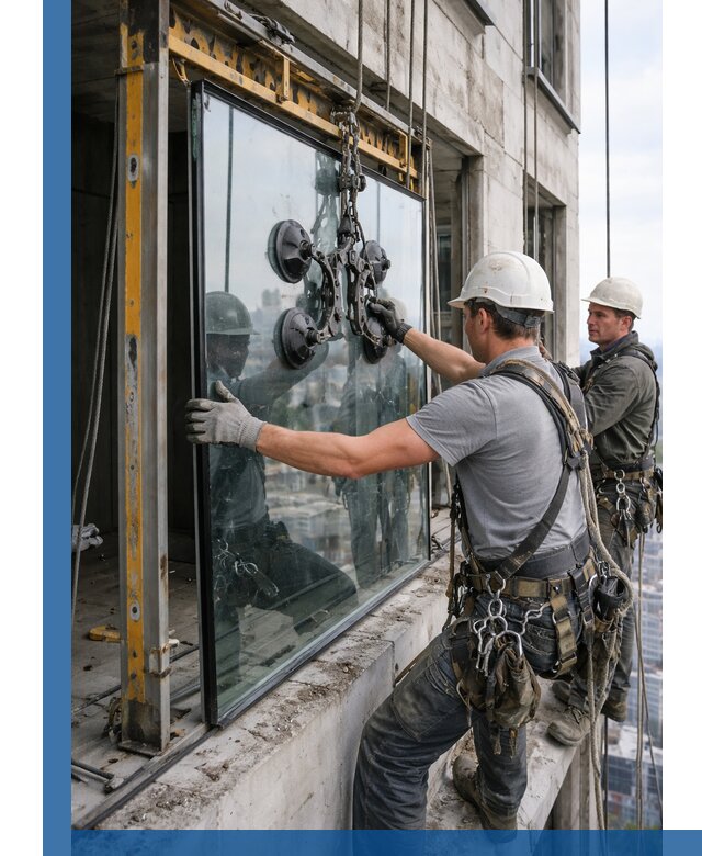 Монтаж стеклопакетов на высоте в Соликамске с промышленным альпинизмом