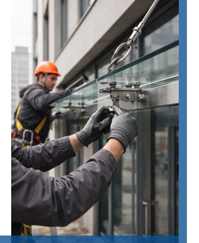 Монтаж стеклянных козырьков в Соликамске от 8759 р. | ВЫСОТНИК-Слк