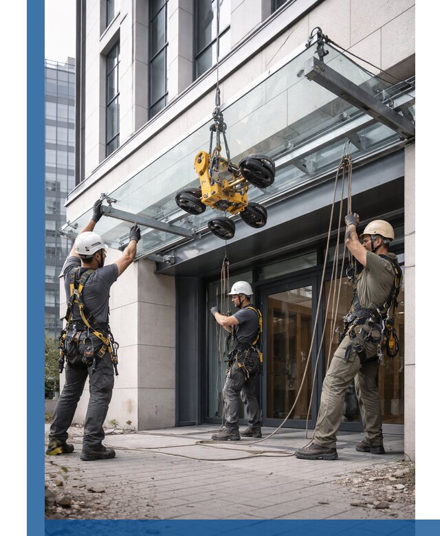 Монтаж стеклянных козырьков под ключ в Соликамске для зданий