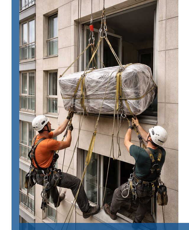 Подъем грузов через окно в Соликамске промышленными альпинистами