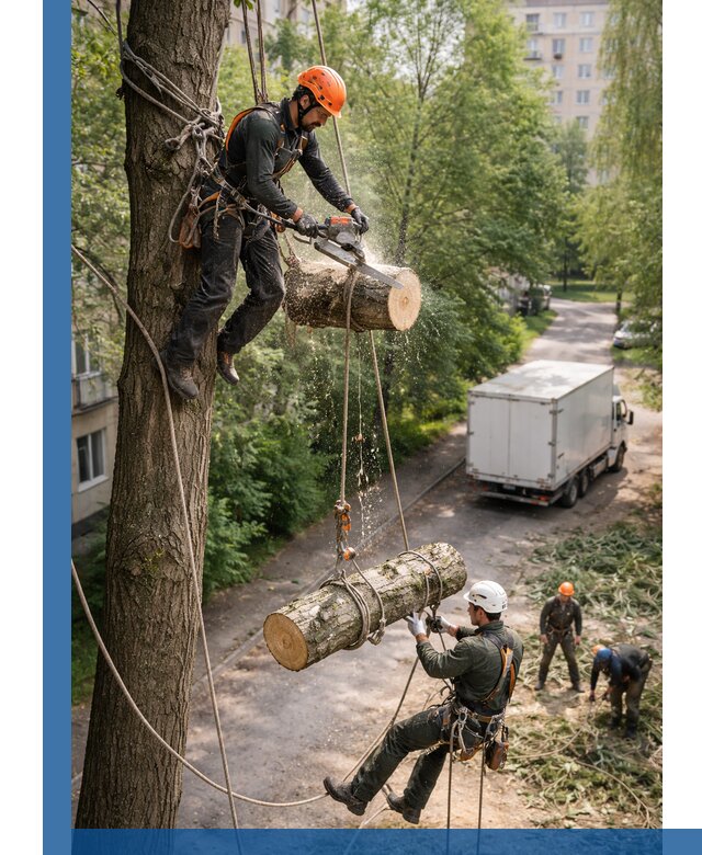 Спил деревьев альпинистами в Соликамске, безопасно и без повреждений