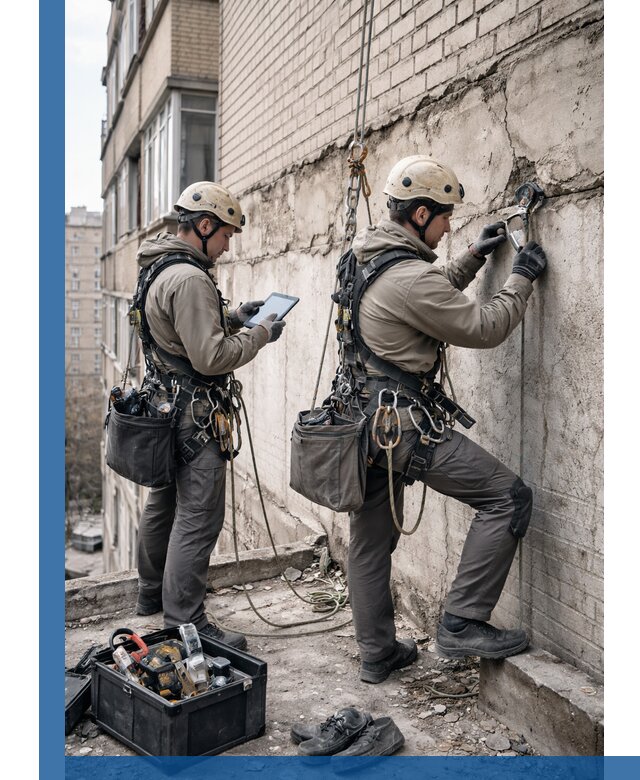 Обследование фасада промышленными альпинистами в Соликамске